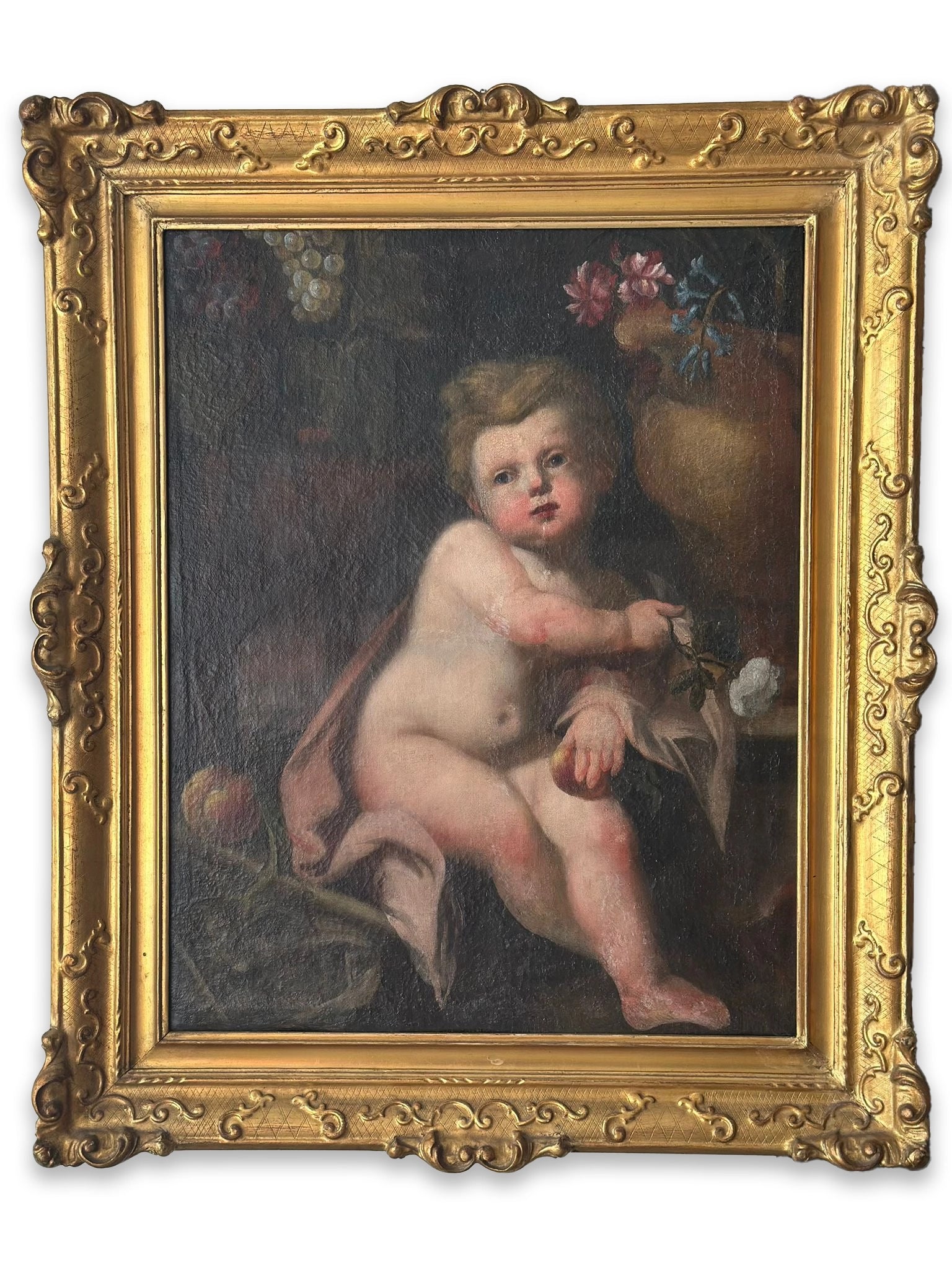 Antique Oil Painting – Depiction of a Boy with Flower, Oil on Canvas, circa 1800