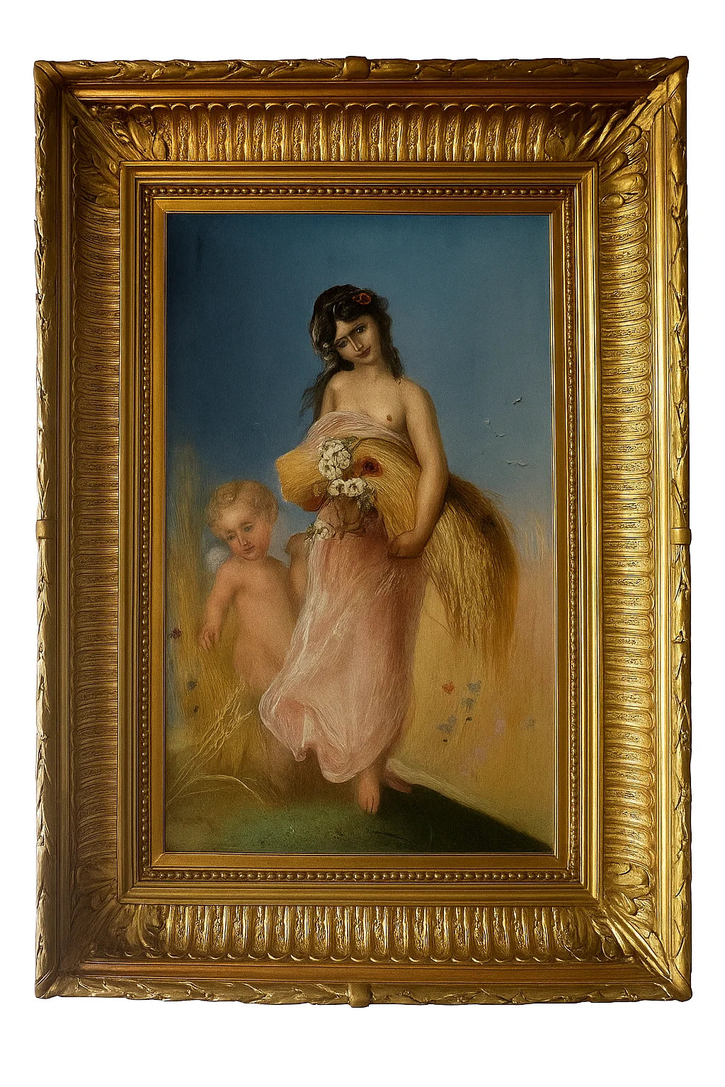 Antique Oil Painting – Allegorical Scene with Young Woman and Child, Oil on Canvas, late 19th Century
