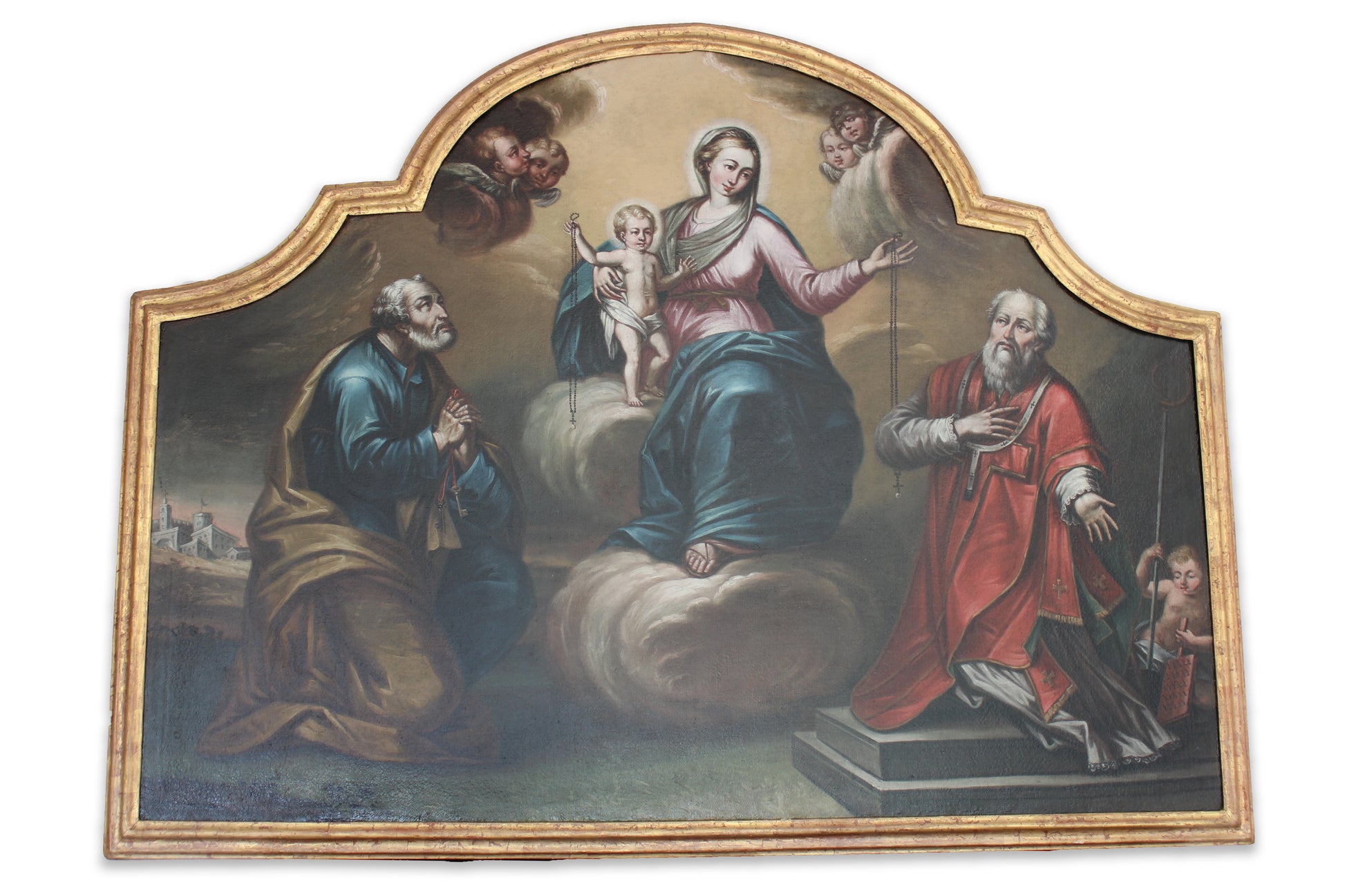 Antique Religious Oil Painting – Madonna and Child with Saints, 18th Century