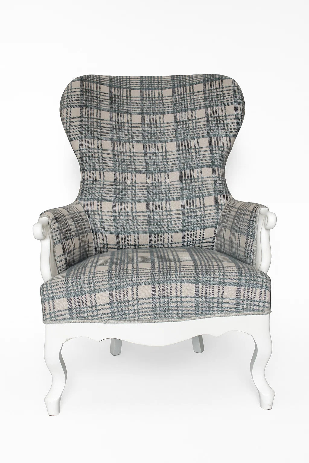 Antique Wingback Armchair – White Frame with Checked Upholstery, 20th Century