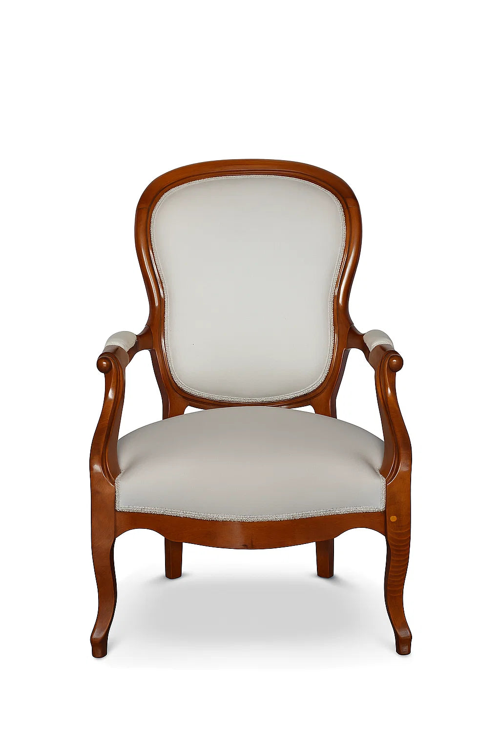 Antique Biedermeier Armchair – Solid Cherrywood and White Upholstery, 19th Century