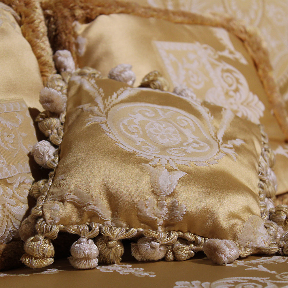 Empire Sofa – Mahogany Veneer with Golden Damask Upholstery, 19th Century