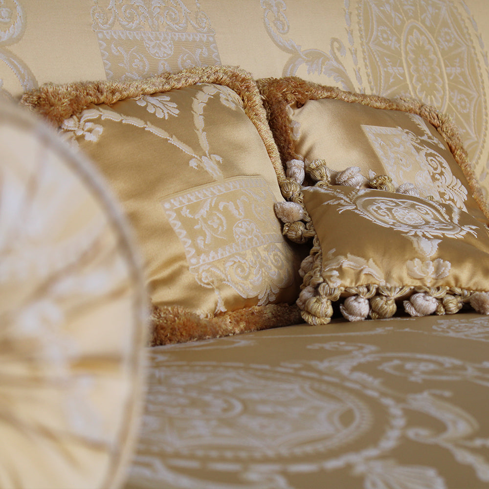 Empire Sofa – Mahogany Veneer with Golden Damask Upholstery, 19th Century