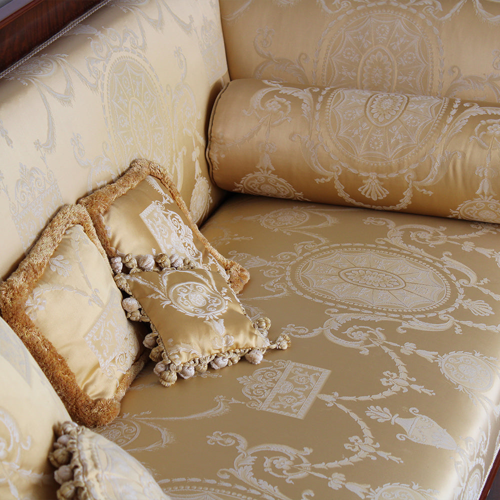 Empire Sofa – Mahogany Veneer with Golden Damask Upholstery, 19th Century