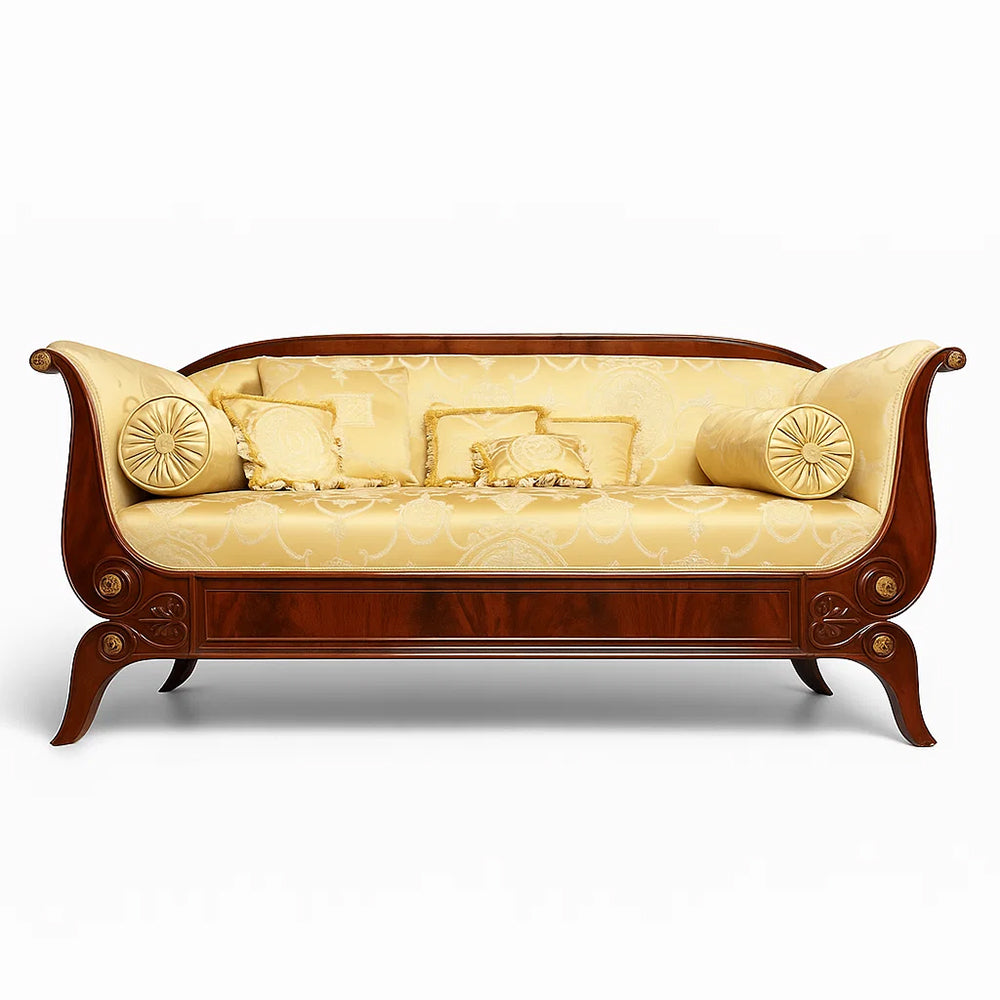 Empire Sofa – Mahogany Veneer with Golden Damask Upholstery, 19th Century
